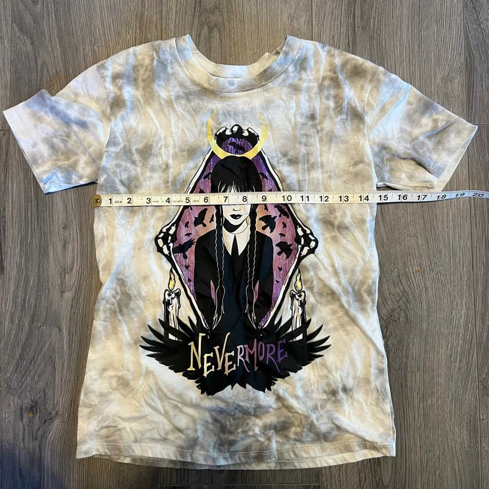 Wednesday Addams Nevermore Juniors T-Shirt Grey Tie Dye